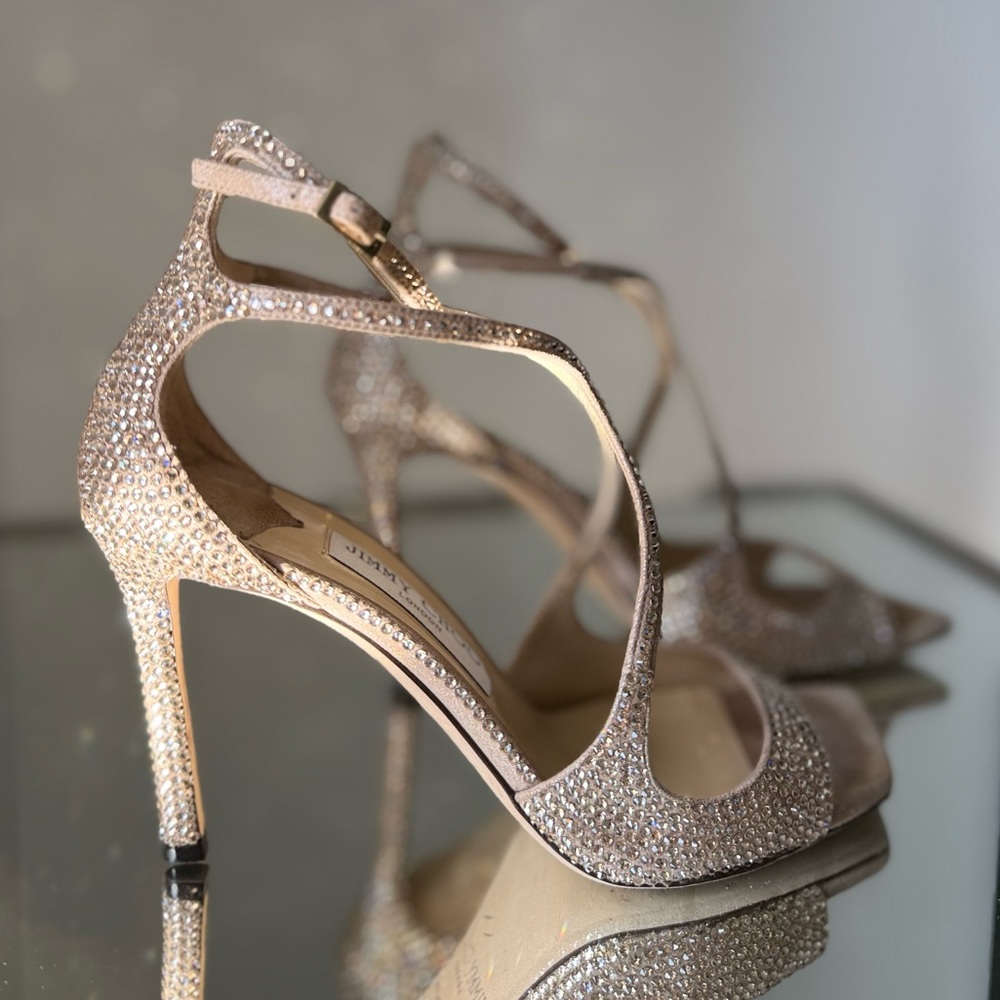Like new JIMMY CHOO Azia 95 Honey Gold Suede Sandals with Crystals 37.5 $2,495 - Picture 8 of 17